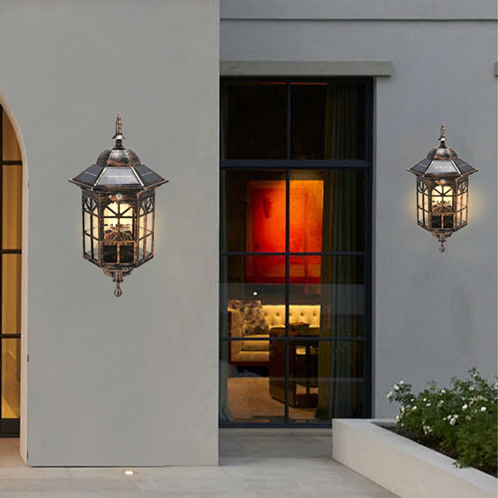 Solar Wall Lights, Vintage Outdoor Lighting with Dusk To Dawn Sensor, Motion Sensor Outdoor Lights for Garden, Warm Amber Glow Decorative Lantern for Patio