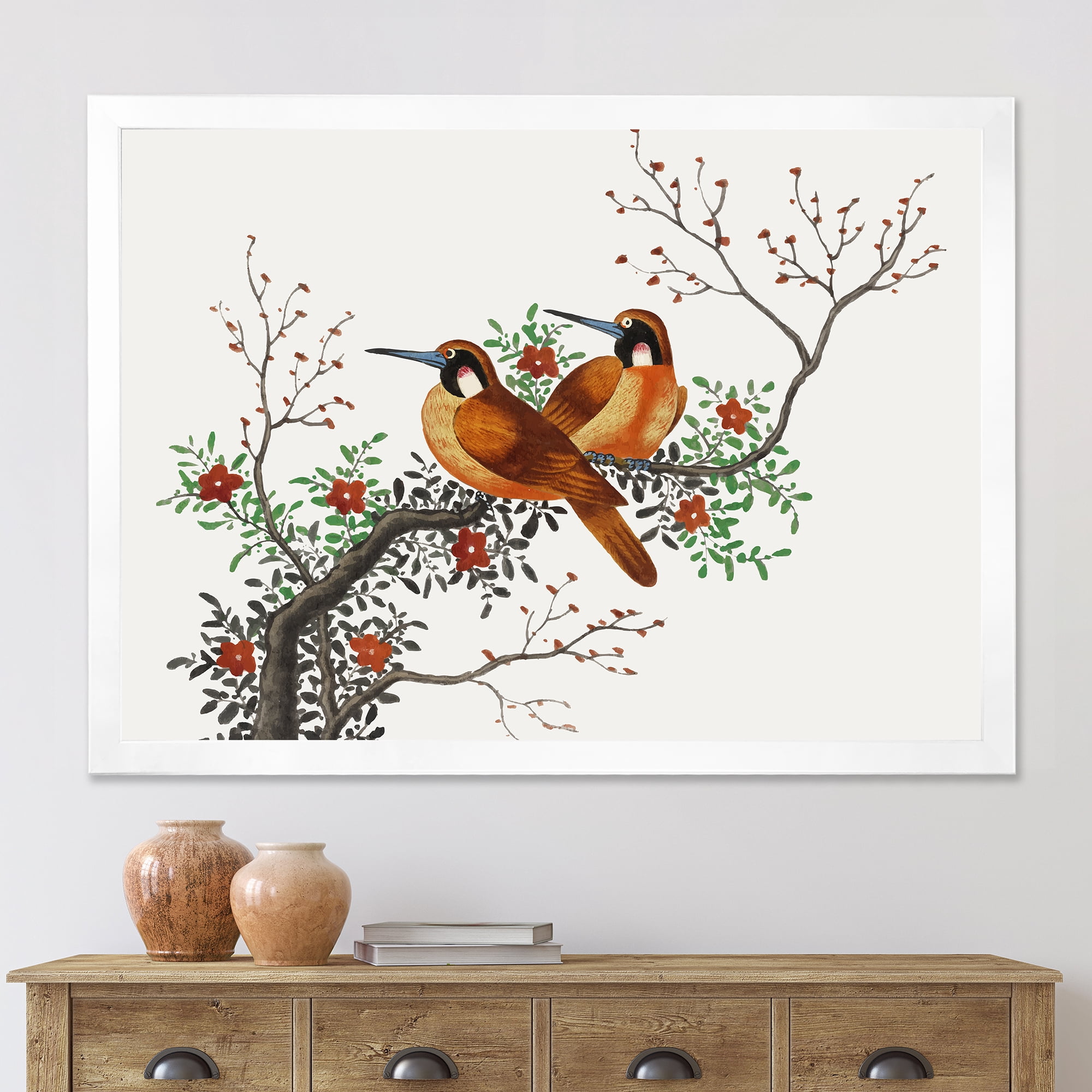 A Flowering Tree Branch With Two Chinese Birds 32 in x 16 in Framed Painting Canvas Art Print, by Designart