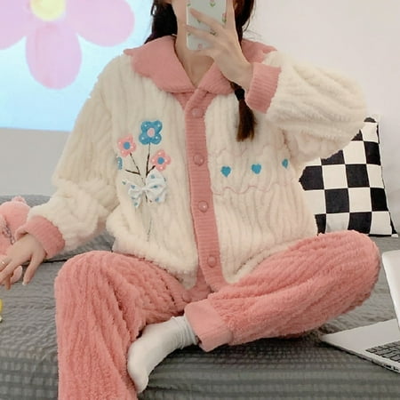 

DanceeMangoo Womens Pajamas Set Winter Leisure Elastic Thicken Warm Flannel Sleepwear Set Embroider Women Long Sleeve Girl Homewear Clothes