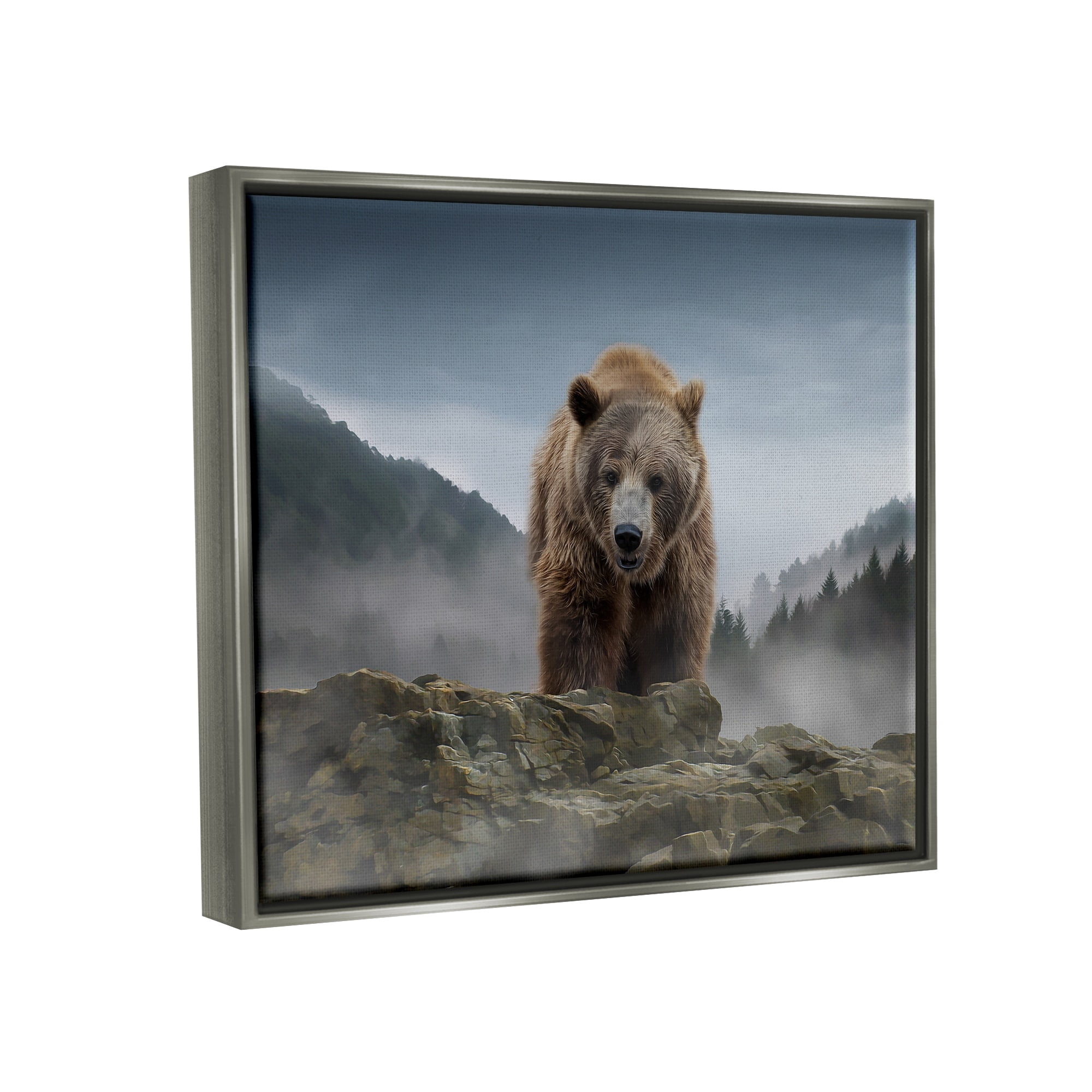 Stupell Industries Roaring Brown Grizzly Bear Rocky Mountain Top View Graphic Art Luster Gray Floating Framed Canvas Print Wall Art, Design by Kelley Parker