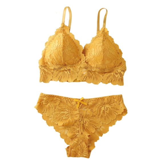 JSGEK Women Floral Lace Bra and Boyshort Set Underwire Support Adjustable Straps Comfortable Lingerie for Everyday Wear Yellow M