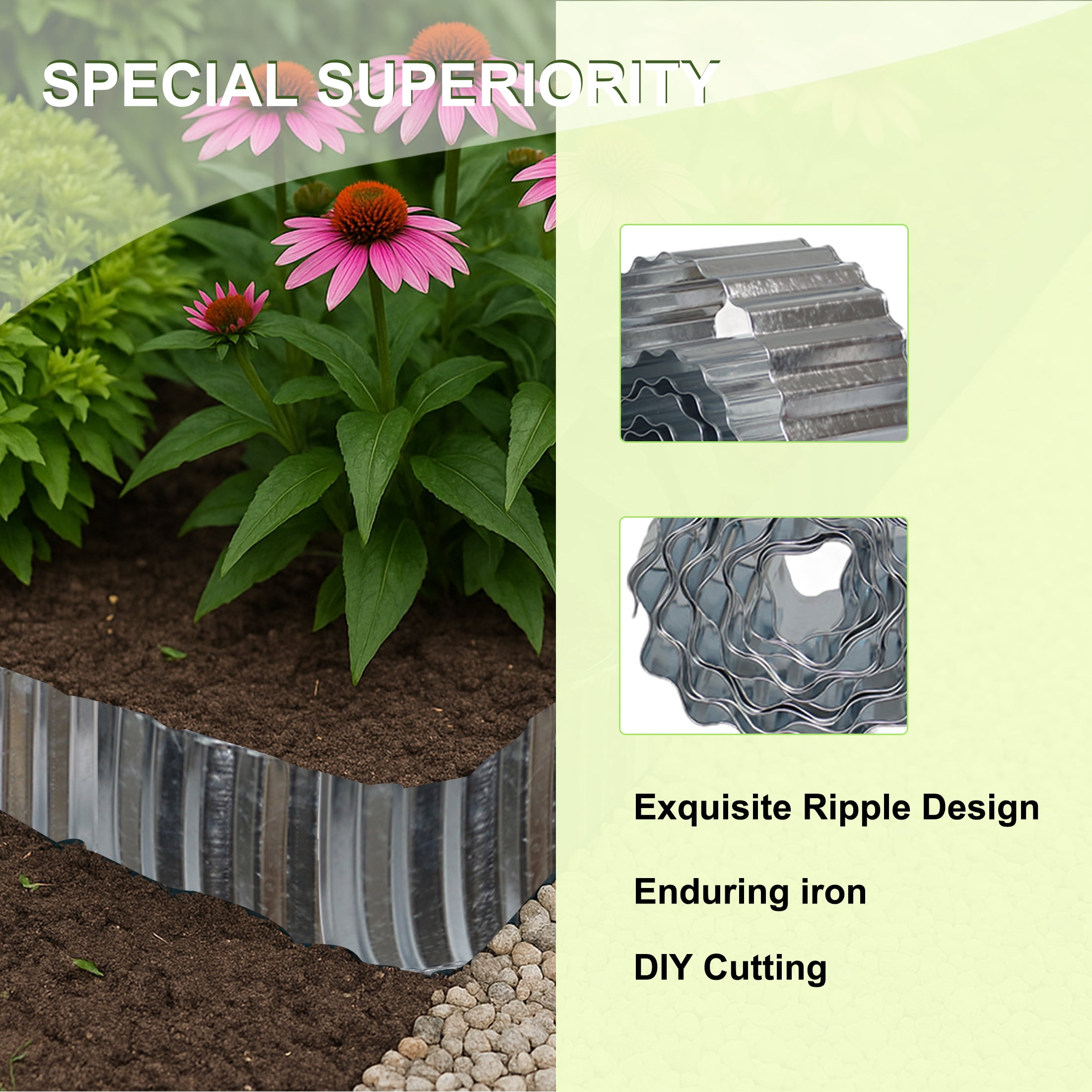 4W Galvanized Steel Garden Edging, 6" x 20' Corrugated Landscape Border, Flexible Lawn and Yard Edging Strip for Flower Beds and Tree Rings, Natural