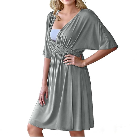 Miqool Maternity Nursing Dress Wrap V Neck Ruffle Short Sleeve Breastfeeding Dresses Pregnancy Clothes S-XXL