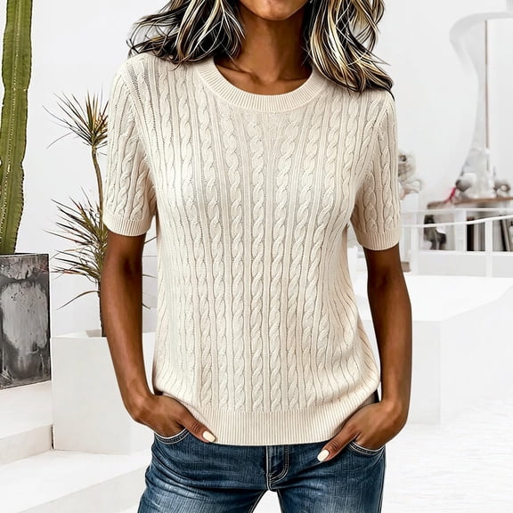 Women's Solid Color Cable Knit Pullover Sweater, Plus Size Crew Neck Short Sleeve Chunky Top, for Spring Summer Daily Wear or Casual Cozy Outings Beige L