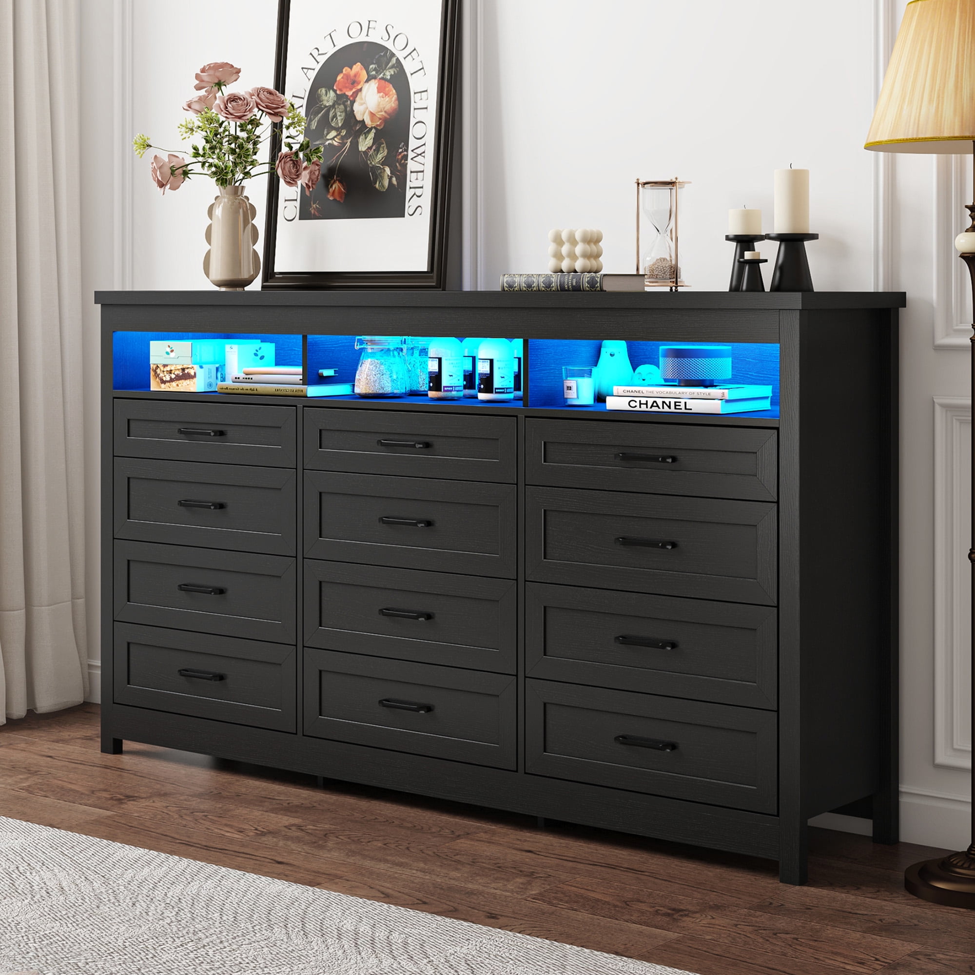 ANPOO 71" Large Farmhouse 12 Drawers Dresser with LED Lights & Power Outlet, 41" Tall Chest of Drawers with Storage & 60000 Colors Lights, Modern Wood Dresser for Bedroom, Living Room, Hallway