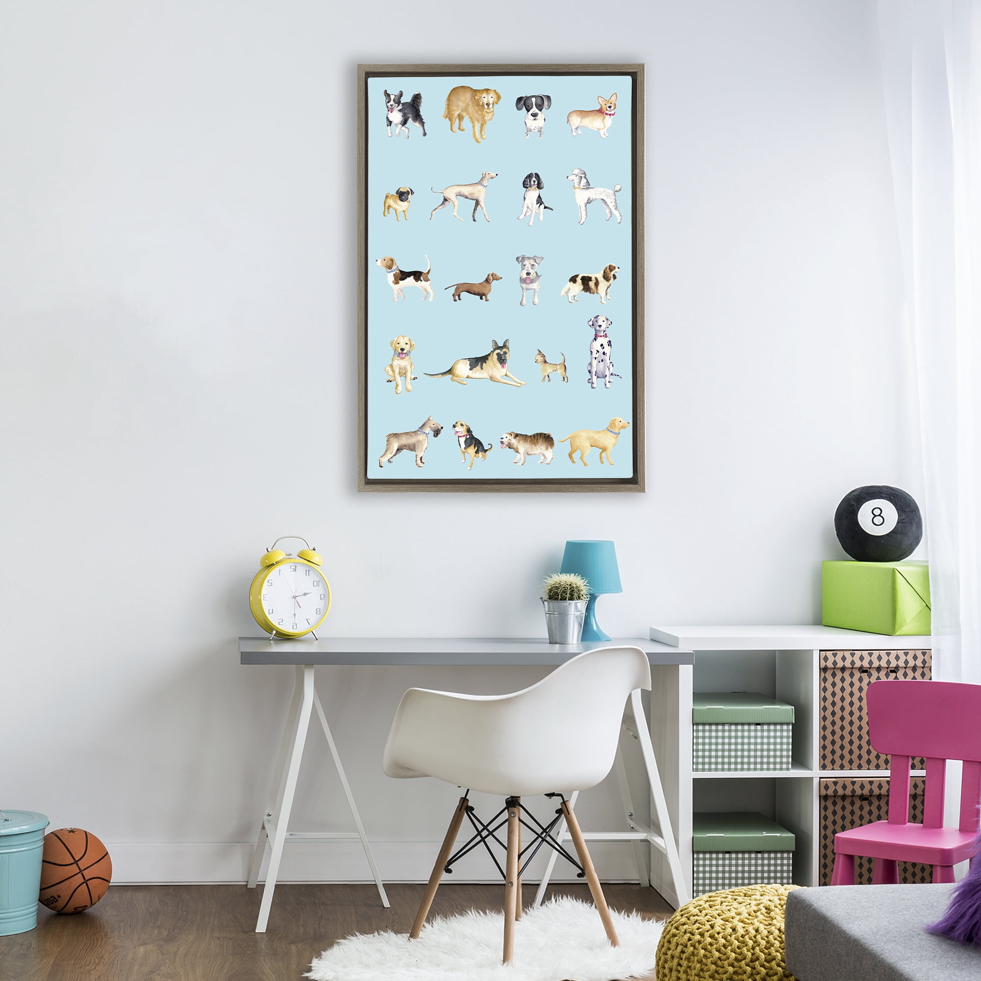 Stupell Industries Dog Breeds on Blue Brown Framed Floater Canvas Wall Art, design by Andi Metz