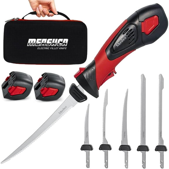 Cordless Electric Fillet Knife, with 5 Ti-Nitride S.S. Coated Non-Stick Reciprocating Blades & Cooling Hole Non-Slip Grip Handle & Practical handbag, Rechargeable Electric Knife for Fishing