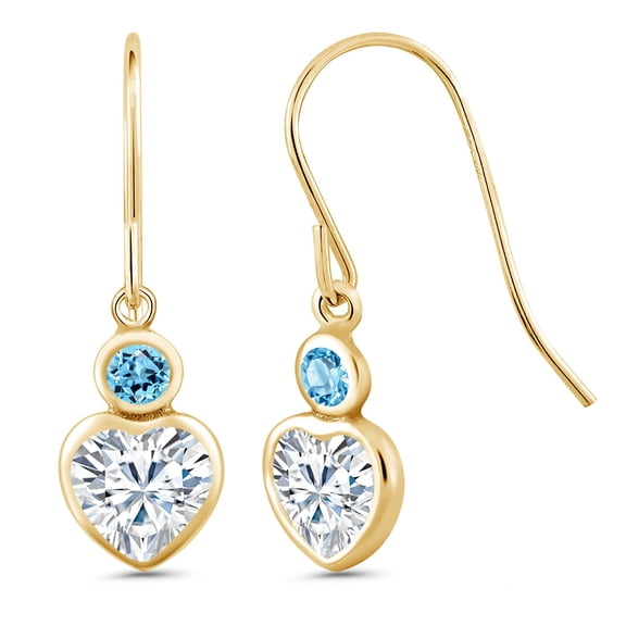 Gem Stone King 14K Yellow Gold Swiss Blue Topaz Earrings Set with Moissanite (1.14 Cttw)