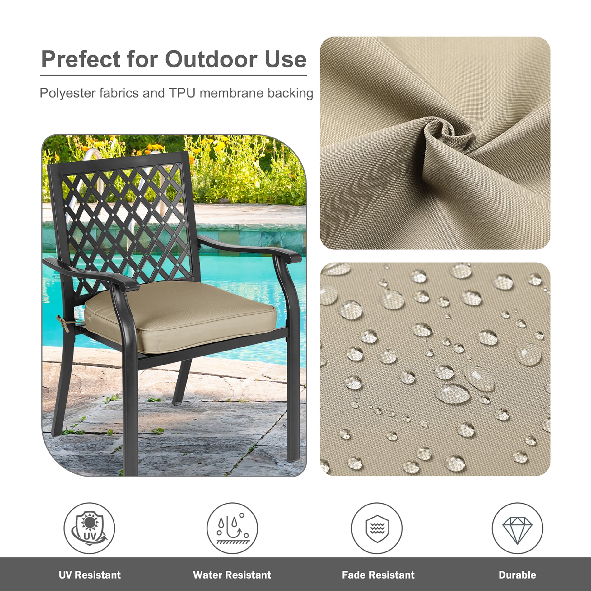 Aoodor 18"x19" Outdoor Chair Cushion, Fade-Resistant Polyester Chair Pads with Invisible Zipper & Adjustable Ties, Khaki, Set of 4