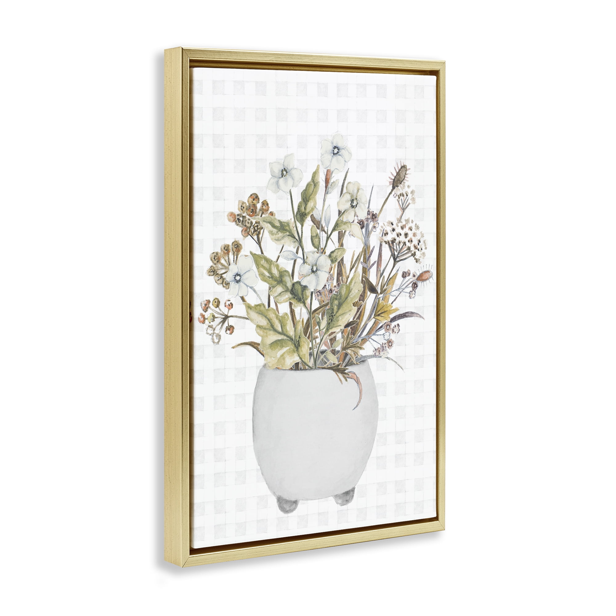Stupell Industries Soft Potted Wildflowers Botanical & Floral Painting Gold Floater Framed Canvas Art Print Wall Art, 17 x 25
