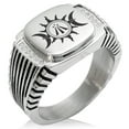 thumbnail image 1 of Stainless Steel Celtic Awen Arwen Sun & Moon CZ Ribbed Needle Stripe Pattern Biker Style Polished Ring, 1 of 1