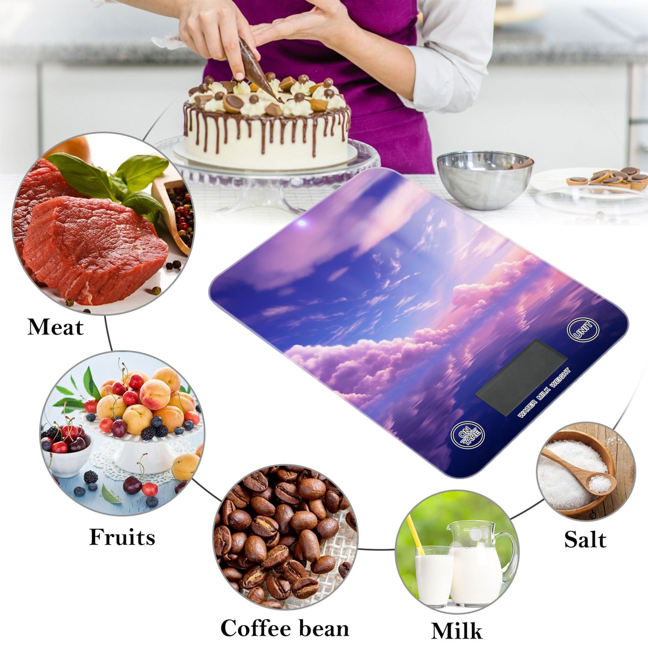 Purple Starry Sky Food Scale Digital Kitchen Scale Waterproof Tempered Glass Tare Function 11 lb for Baking Cooking Meal Prep