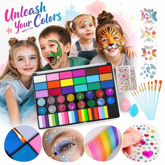 Kids Face & Body Paint Kit, Washable Paint for Student, Glitter Paint, Paint Brushes for Student, Stencils for Crafts Reusable, Complete All-In-One Paint Palette Set with 12