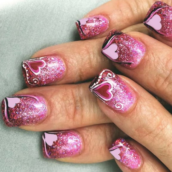 Short Square Heart Glitters 24 Pcs False Nails Manicure For A Stylish Valentine's Day Appearance