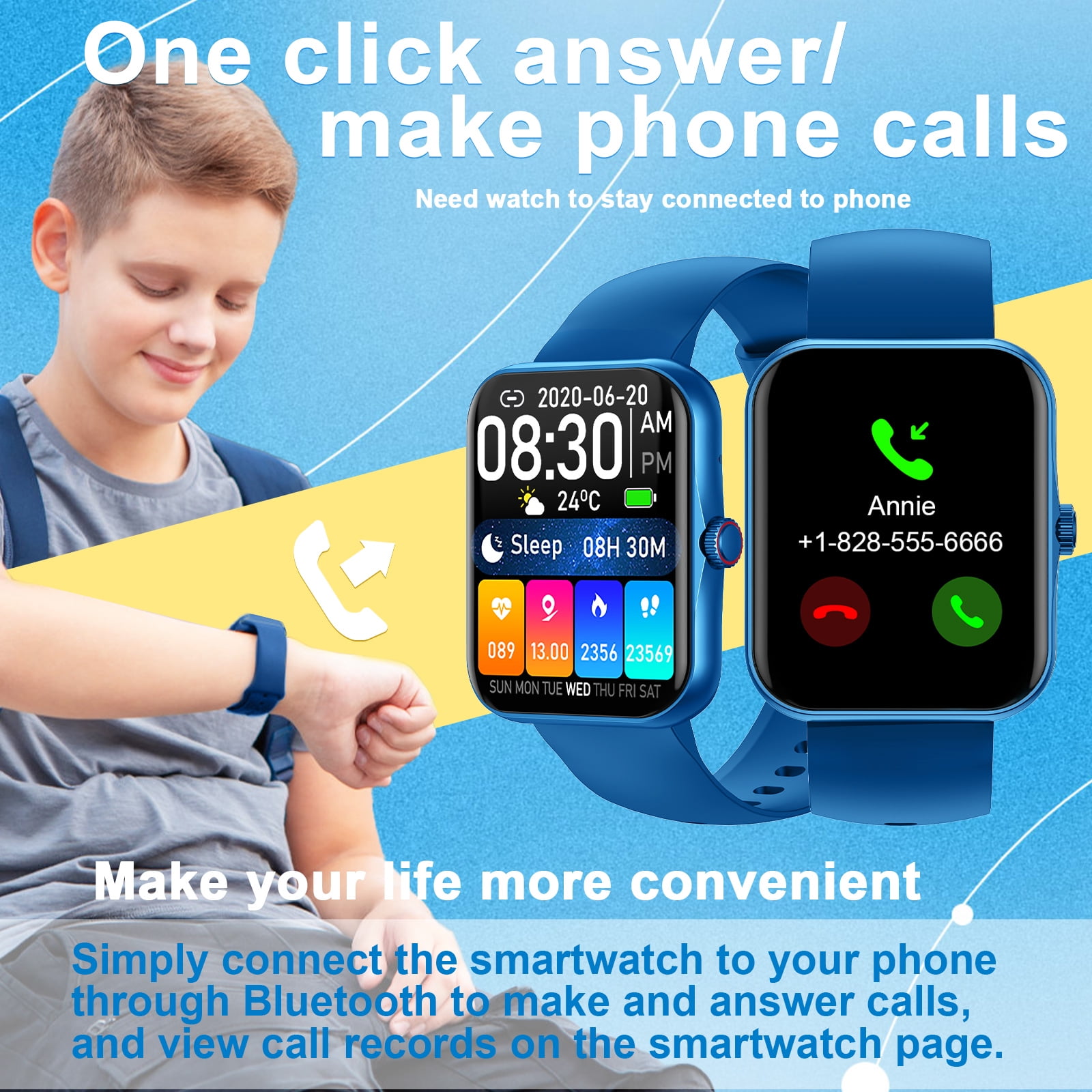 PTHTECHUS 1.83'' Smart Watch for Kids Sport Smartwatch with 37 Sports Modes DIY Watch Touchscreen Phone Calls Music Calculator Excellent Gift for Teenage(Blue)