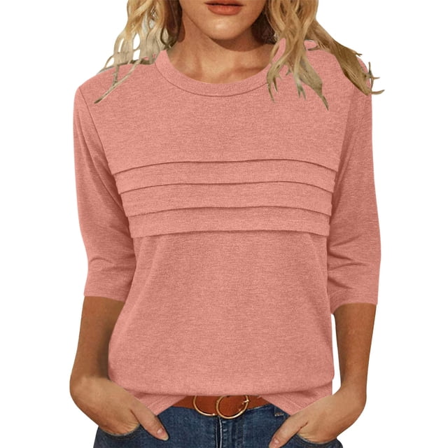 SwiftWear Femmes Col Rond Manches 3/4 Hauts Couleur Unie T-Shirts Décontractés Basiques Amples Mode Extérieure Blouse Imitation Coton 2025