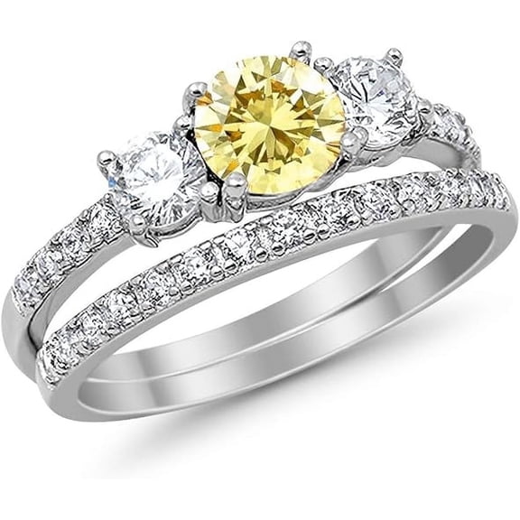 Gems Jewels 925 Sterling Silver 2.00 Ct Round Cut Yellow Citrine Christmas Thanksgiving Engagement Wedding Bridal Ring Set 14K White Gold Plated For Women's -5