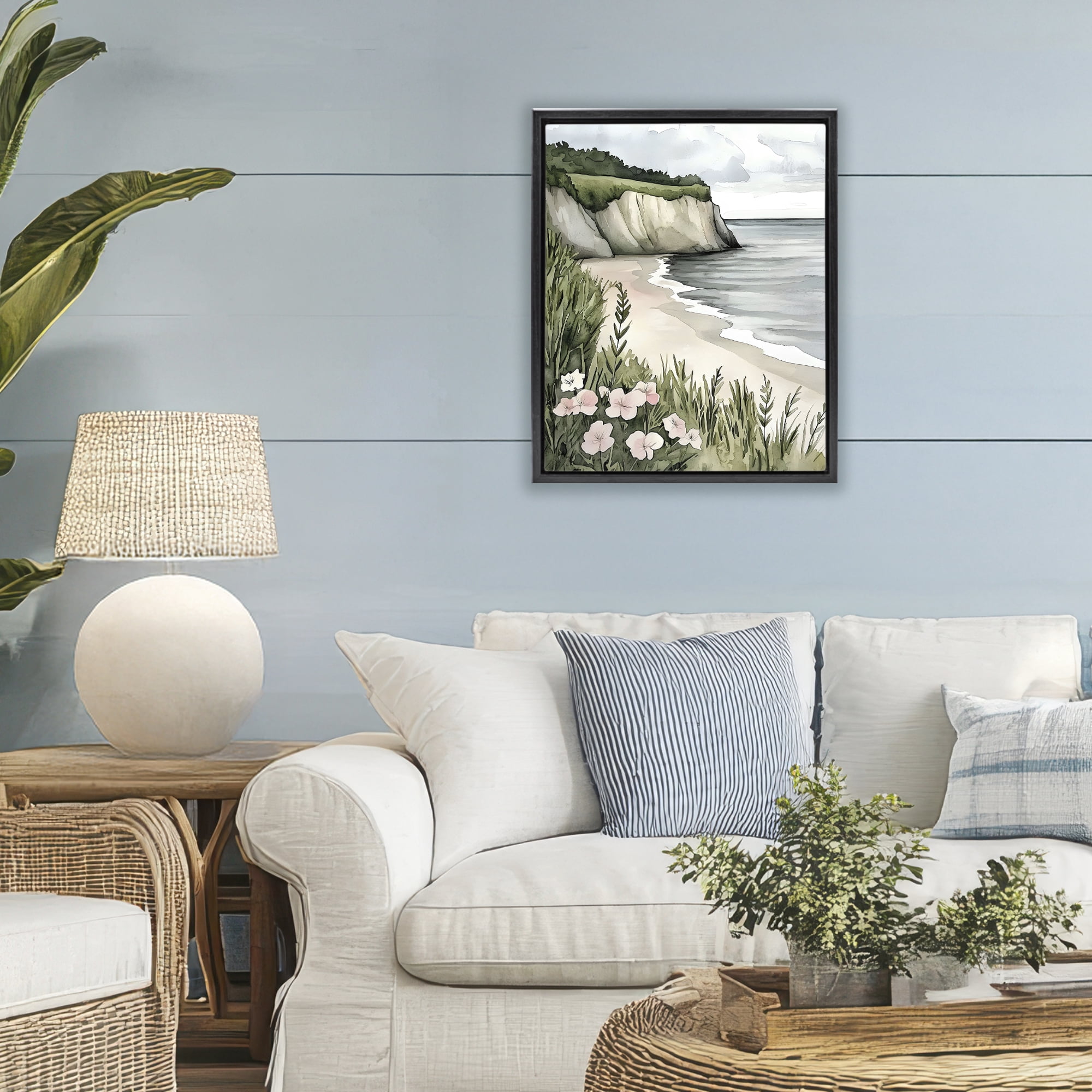 Stupell Industries Coastal Calm with Floral Blooms Black Framed Floater Canvas Wall Art, design by Riley B
