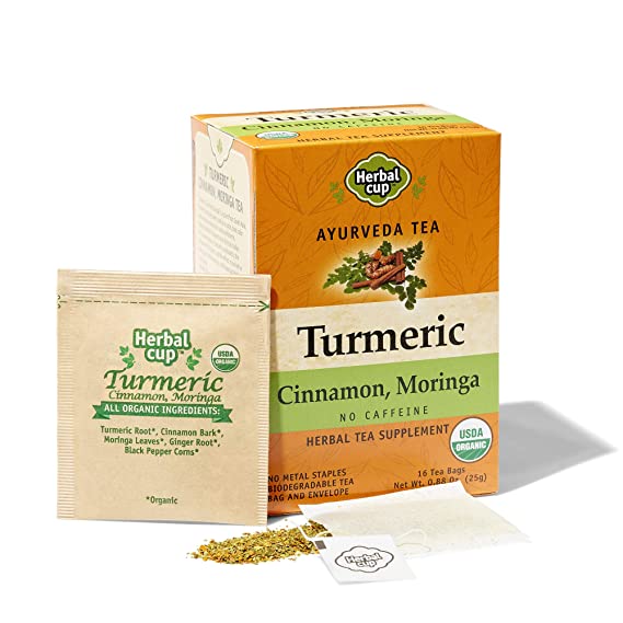 HERBAL CUP TURMERIC CINNAMON MORINGA TEA 16 tea bags ORGANIC Pack of