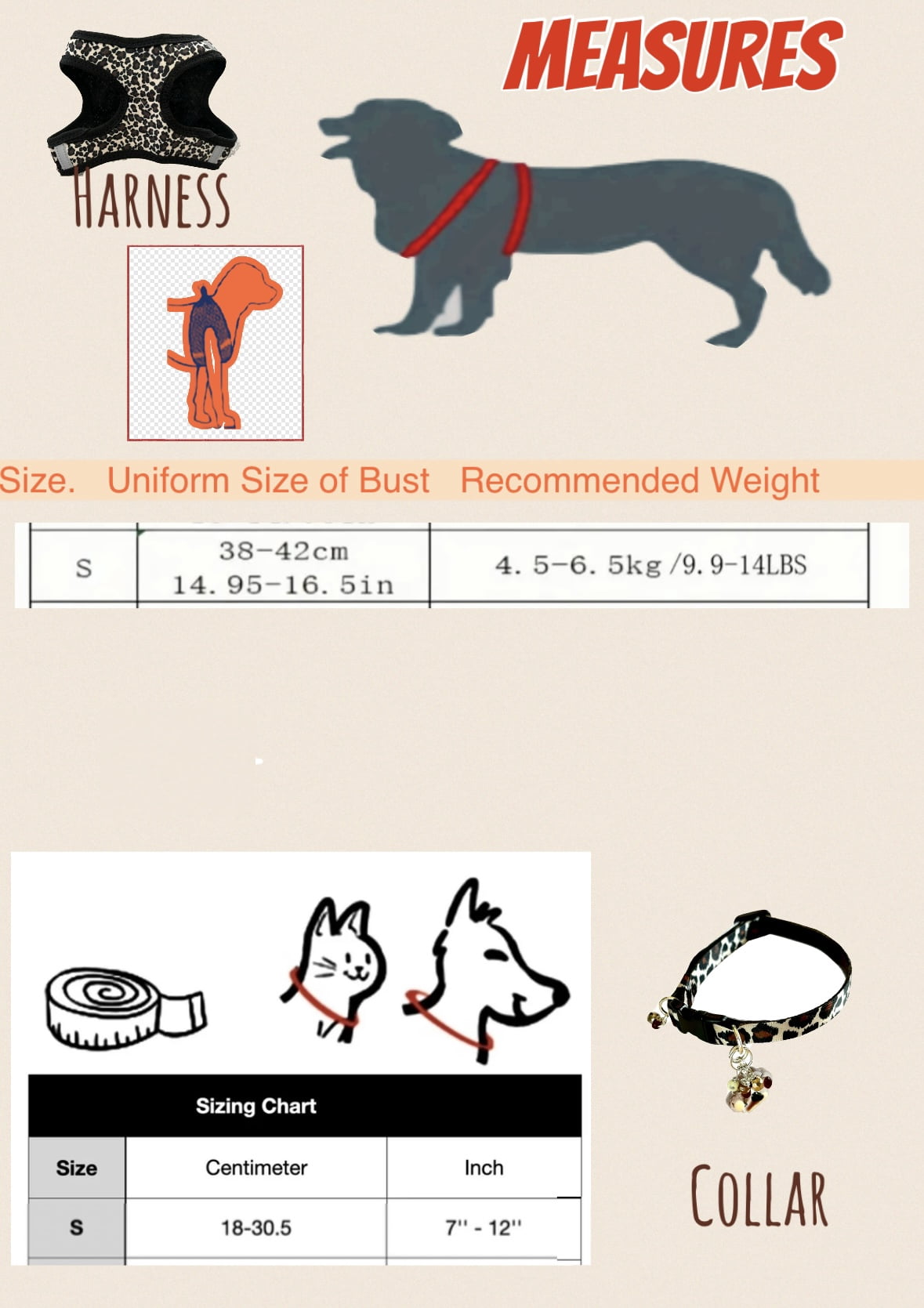Harness + Collar + Bow for Dogs adjustable Animal Print with flowers Size “S” , Set