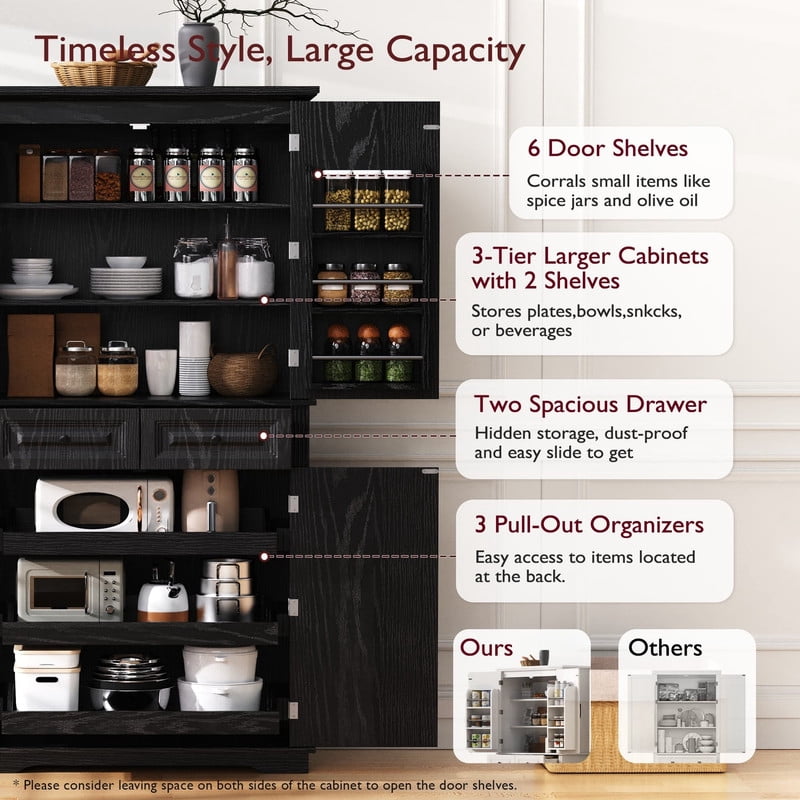 Farmhouse Kitchen Pantry Cabinet with 3 Pull Out Cabinet Organizers, Tall Kitchen Storage Cabinet with 2 Drawers, Freestanding Kitchen Cupboard with 6 Door Shelves