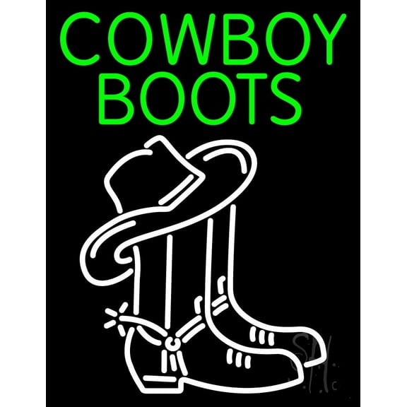 Green Cowboy Boots With Logo LED Neon Sign 19 x 15 - inches, Black Square Cut Acrylic Backing, with Dimmer - Bright and Premium built indoor LED Neon Sign for store interior Décor, Storefront.