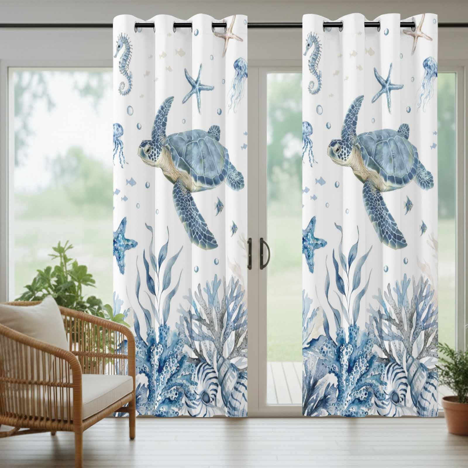 Marine Life Outdoor Curtains for Patio, Watercolor Ocean Turtle Coral Starfish Seashell Coastal Sunshade Privacy Drapes Grommet Waterproof Outside Curtains for Porch/Cabana/Balcony 54"x 108", 1 Panel