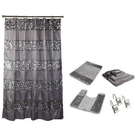 Popular Bath 7 Piece Sinatra Silver Shower Curtain Resin Hooks