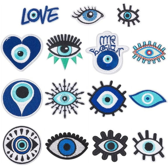 15 Pcs Embroidery Patches for Clothes Blue Applique Patch Hamsa Hand Iron Sew on Applique for Clothes Jackets Jeans Bags DIY Embroidery Garment Accessory