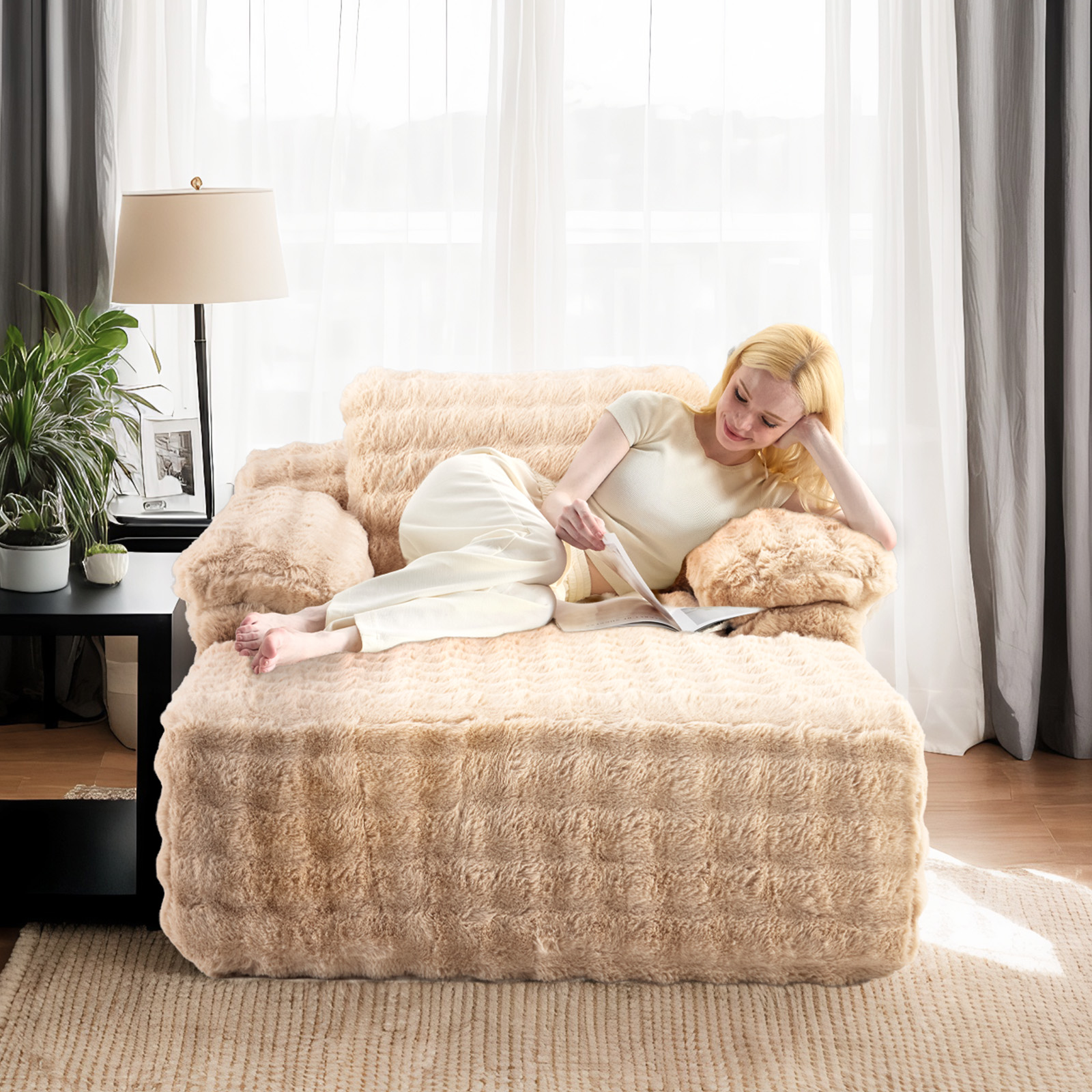 Ktaxon, Lounge Chair, 68inch, Bubble Fleece Fabric Beige - Walmart.com