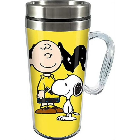 Spoontiques - Ceramic Travel Coffee Mug with Lid and Handle - Spill Proof Lid - Double Walled Cup for Hot and Cold Beverages - Microwave and Dishwasher Safe - Peanuts Insulated Travel Mug