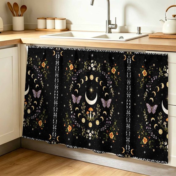 Mystic Plants Cabinet Curtains for Shelves, Black Moon Botanical Floral Leaves Butterfly Privacy Curtain for Closet Self Adhesive, Dust-Proof Drapes for Closet Storage Room Classroom 32"W x 55"L