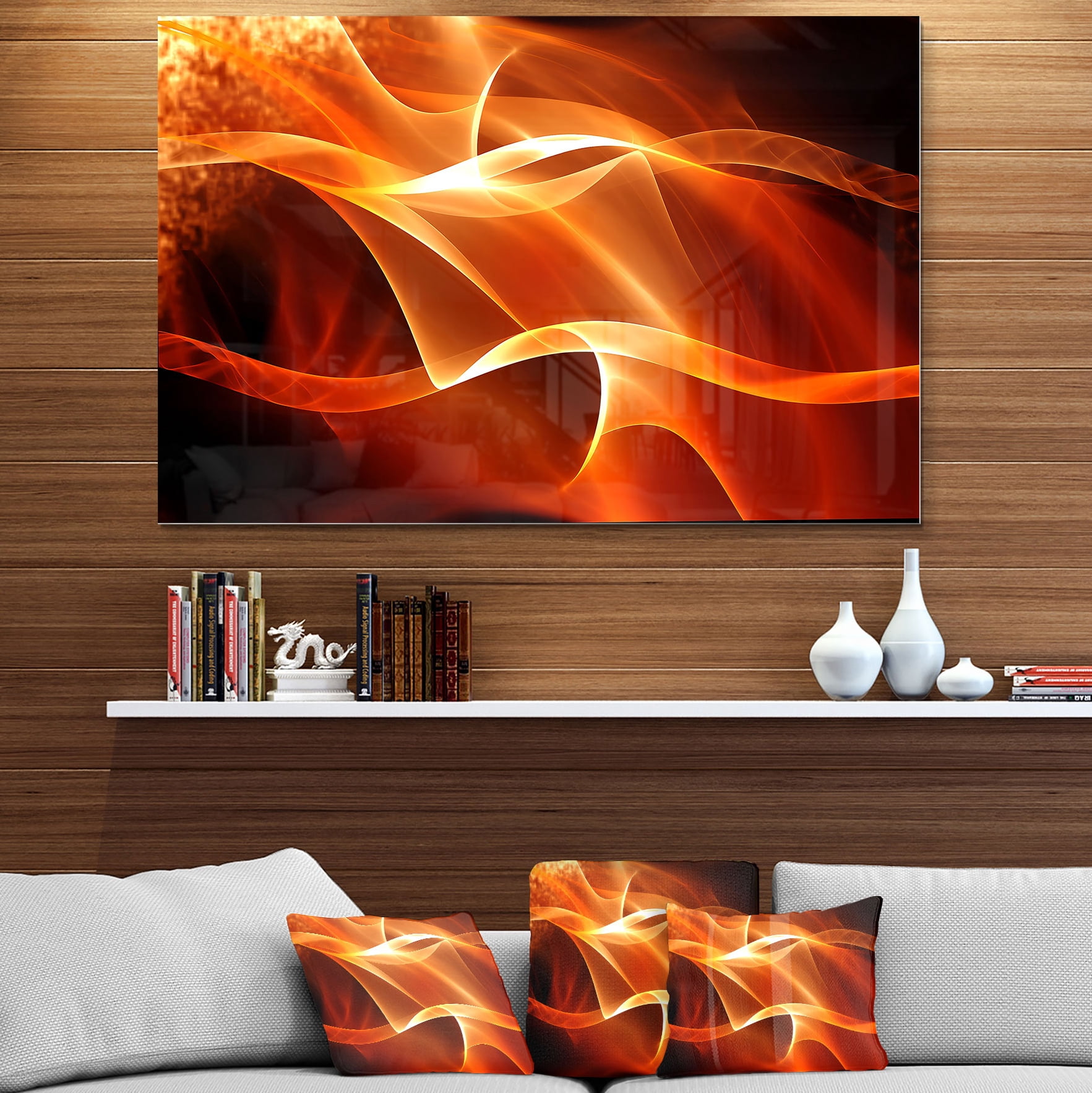 Designart 'Orange 3d Abstract Fractal Waves' Metal Wall Art