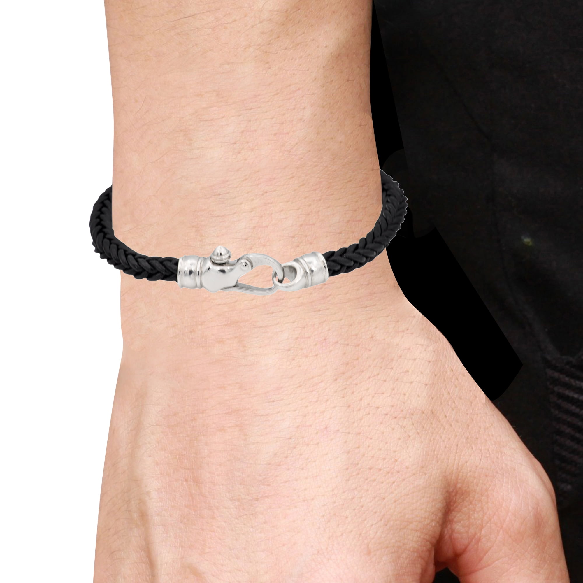 Mens Black Leather Stainless Steel Bracelet
