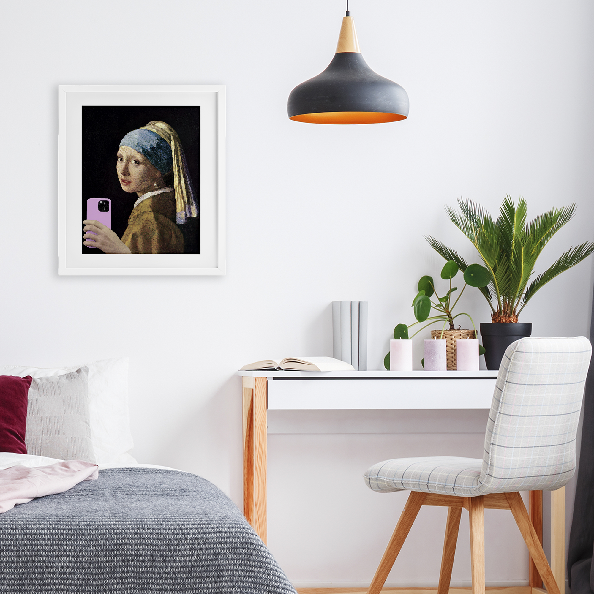 Girl With Pink Phone Funny White Framed Print Under Glass, design by Masters Redux