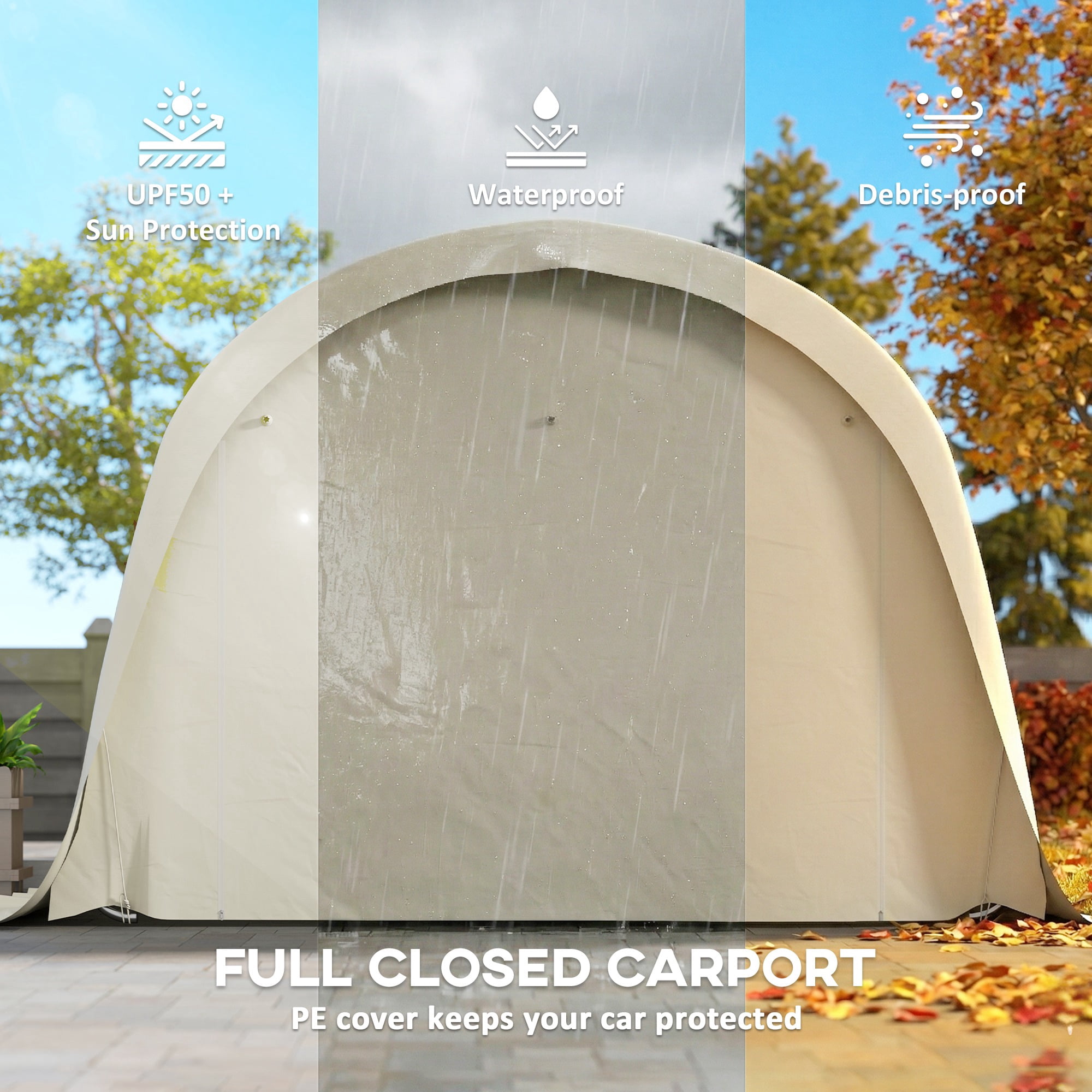 12' x 23.6' Heavy Duty Carport, UPF50+ Portable Garage Car Canopy Tent with Galvanized Frame, Large Door, Beige