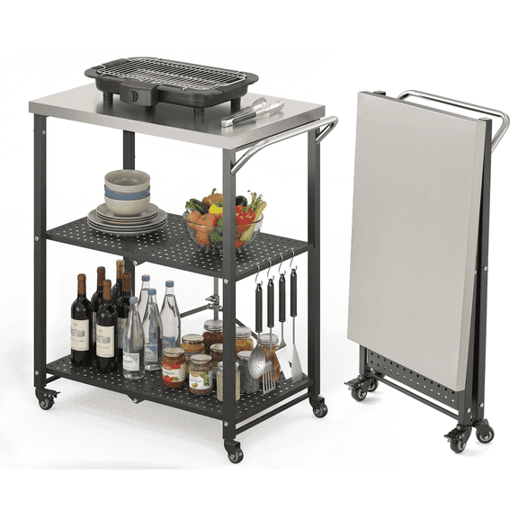 Dovov Foldable Outdoor Grill Cart on Wheels, 3 Tiers Outdoor Food Prep Cart Rolling Grill Table w/ Stainless Steel Top, Handle and 4 Hooks, Black