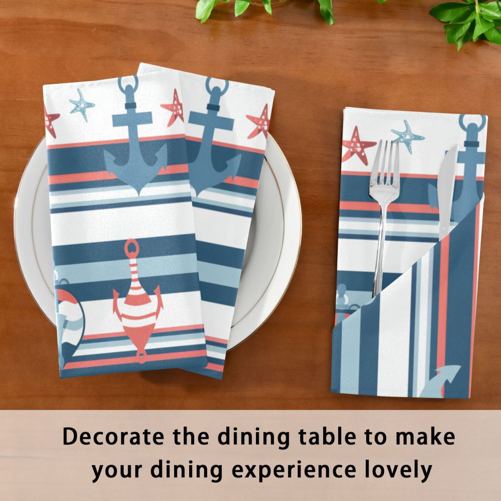 JSTEL Seafish Anchor Stripe Cloth Napkins Set of 6, 20x20 Inch Washable and Reusable Napkin for Decoupage Dinner Party Everyday Use