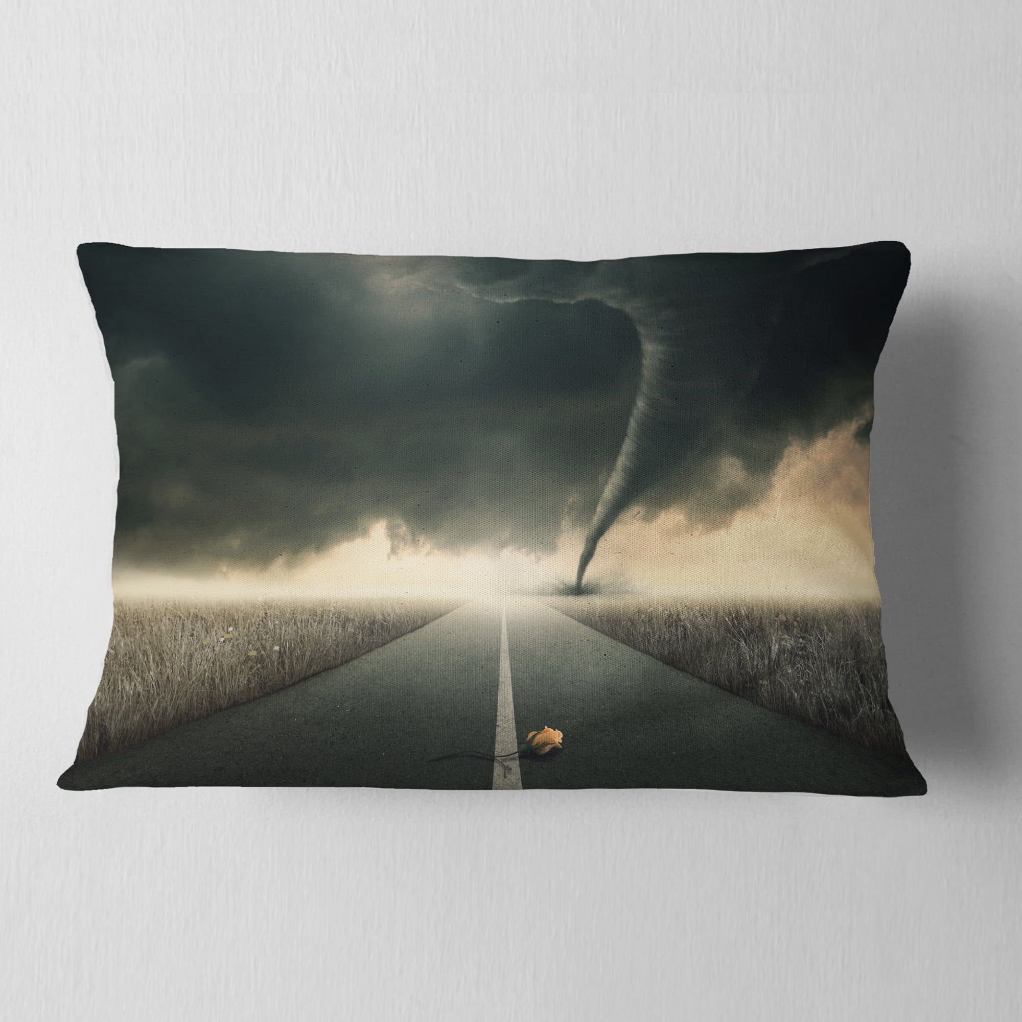 Designart Yellow Rose on the Dark Road - Landscape Printed Throw Pillow - 12x20