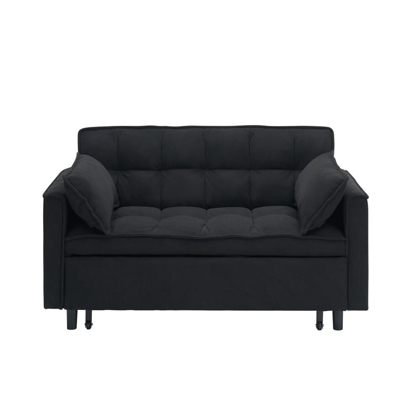 54.3" Corduroy Modular Sectional Sleeper Sofa,Loveseat with Pull Out Bed, Black – Space-Saving Couch for Living Room, Guest Bed, Apartment
