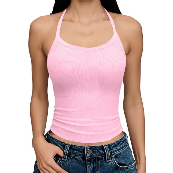 Xdegoge Camisoles for Women Casual Sleeveless Halter Cami Soft Rib Knitted Top Lightweight Cozy Breathable Summer Tops Solid Color Vintage Cropped Y2K Tank