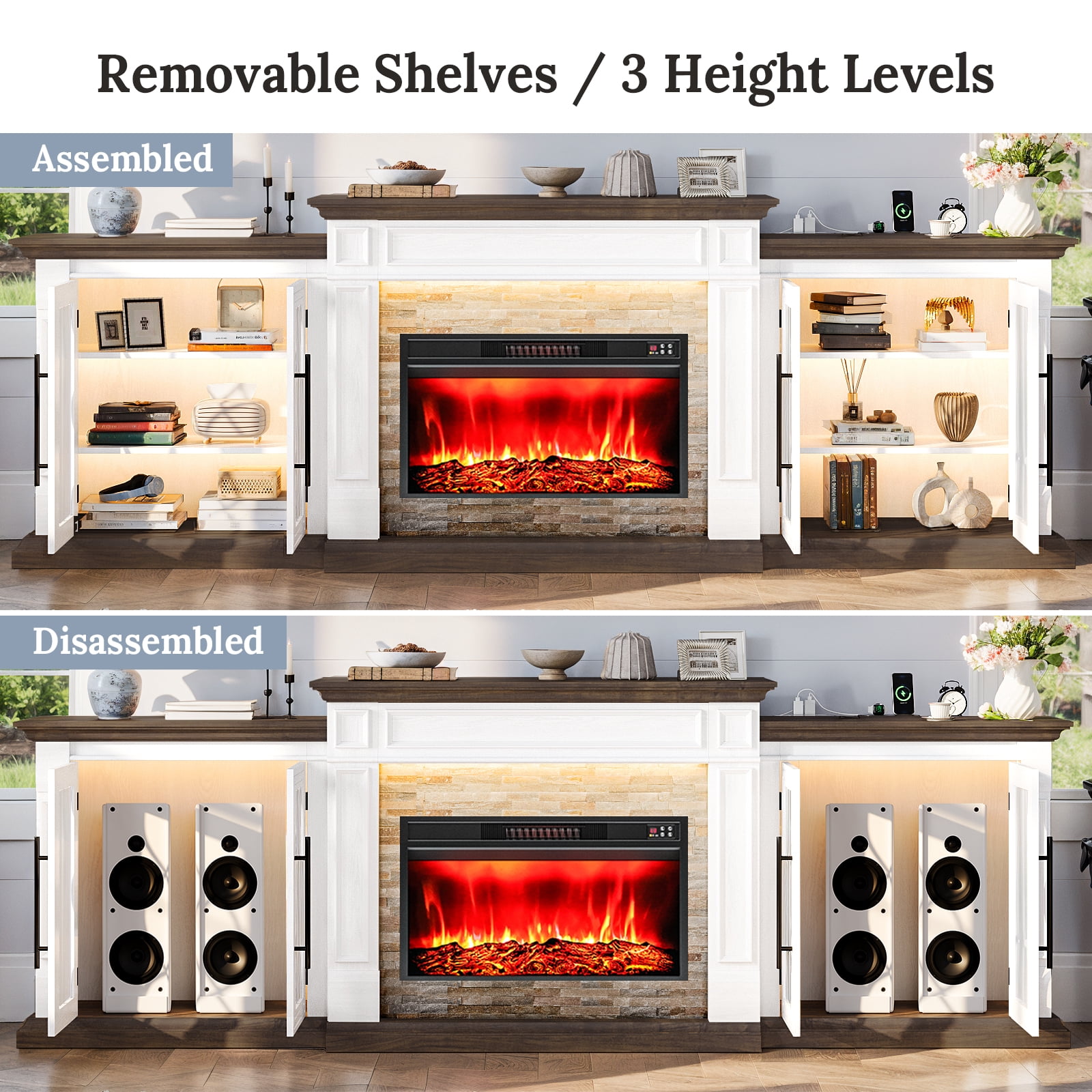 LGHM 104" TV Stand with 30" Electric Fireplace & Charging Station & LED Lights, Large Farmhous Entertainment Center with Storage Cabinet, Media Console for Living Room, White Brown