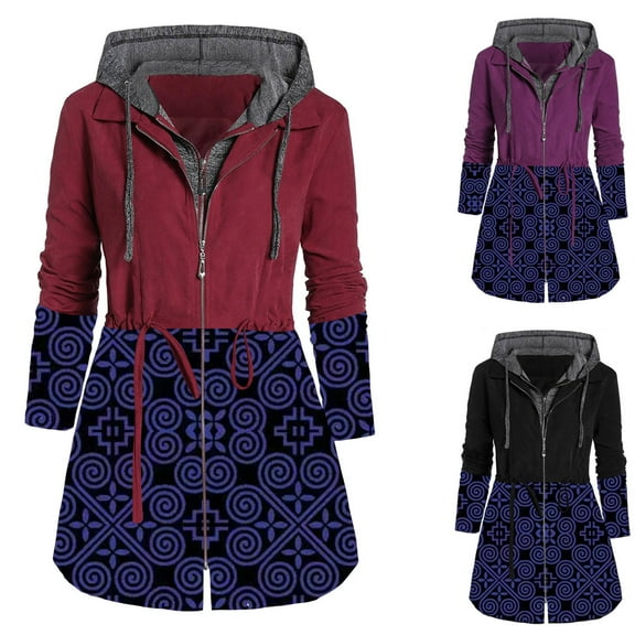 Tejiojio Clearance Party Supplies Women Autunm And Winter Printed Splicing Long Sleeve Drawstring Suit Cardigan Coat Tops Hooded Windbreaker
