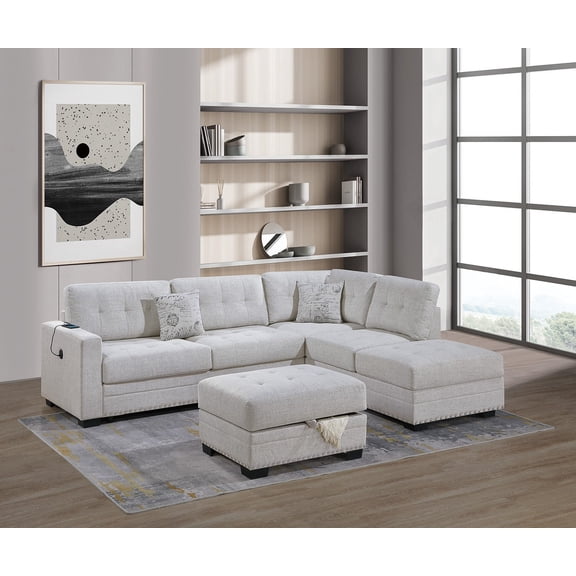 Bone Color Burlap-Like Fabric Revesible Sectional w Ottoman Tufted Couch Pillows Nailheads Reversible Chaise, Sofa w USB