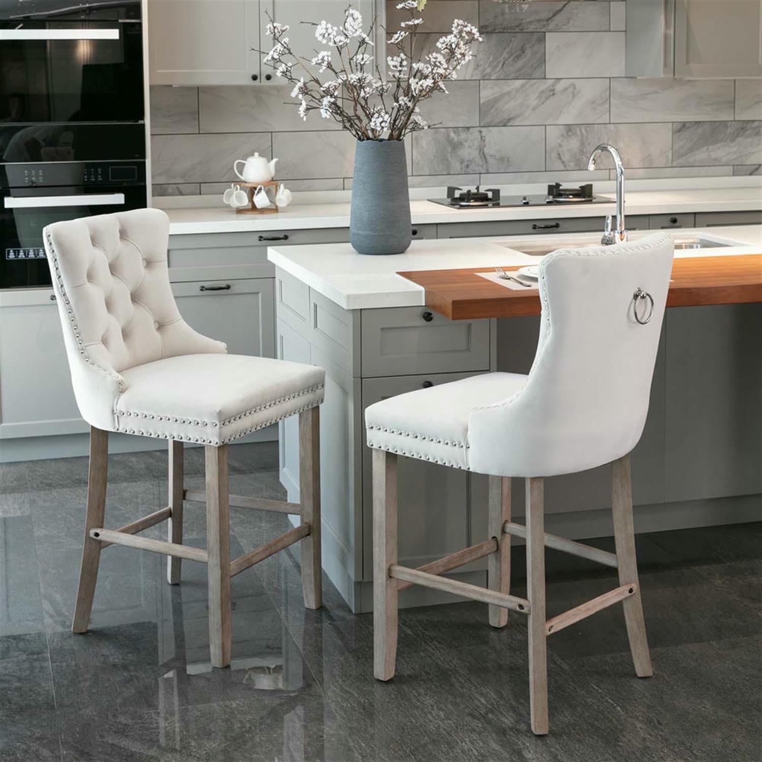Demi Bonn 40" Counter Height Bar Stools Set of 2, Velvet Upholstered Barstools with Back, Kitchen Island Countertop Chairs for Dining Room, Beige