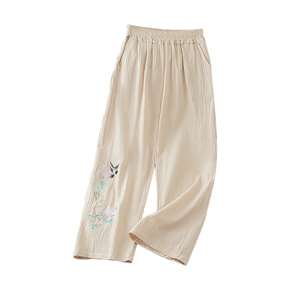 Women's Plus Size Cotton Linen Pants, Embroidered Wide Leg Pants, High Waisted Loose Fit Boho Trousers, Comfortable Breezy Casual Palazzo Pants for Women Spring Summer Beige L