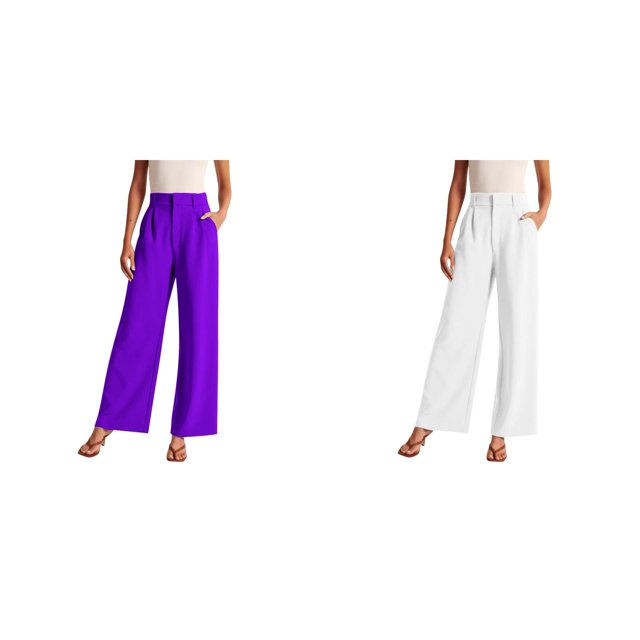 (2-Pack) Rinsvye Women Tailored Wide Leg Trousers Commute Wear High Waist Design Pockets Included Belt Accessory Stylish Look Durable Fabric Comfort Fit All Day Use