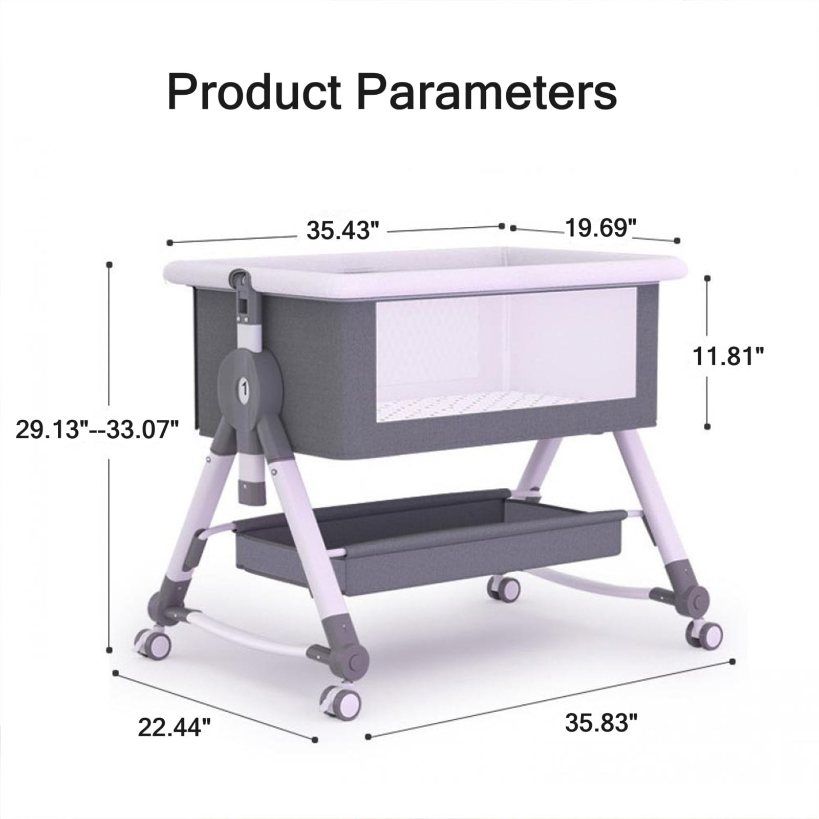 SLLINGLUO Baby Bassinet with Wheels, 5-Level Height Adjustable Folding Bedside Crib, Light Gray