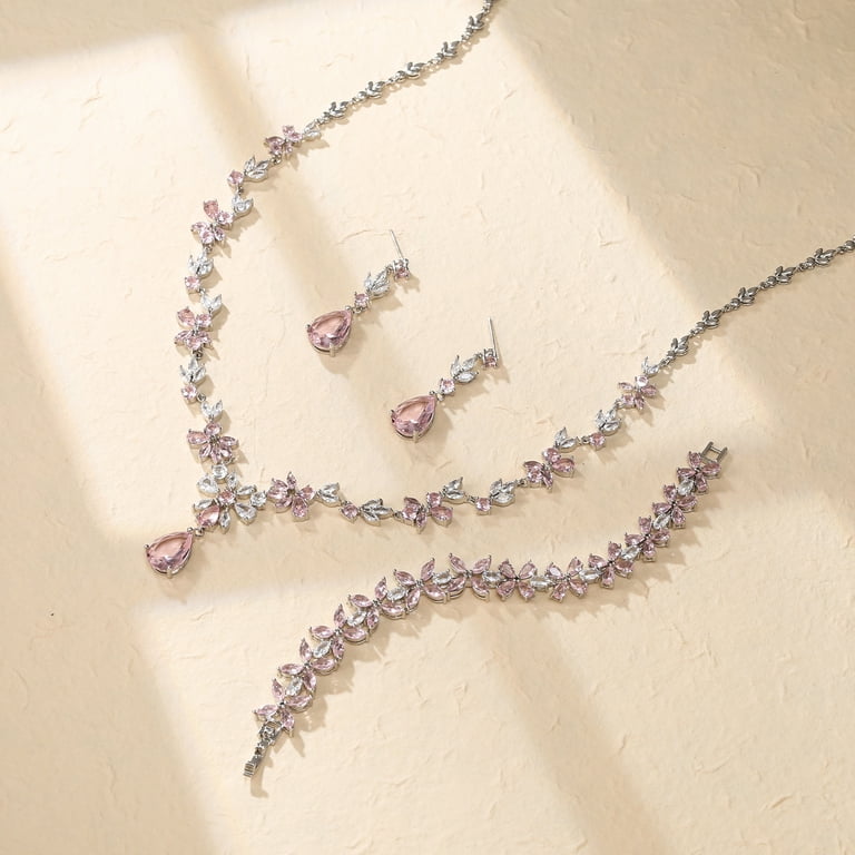 Wedure Wedding Jewelry Set for Women, Flower Leaf Pink Waterdrop