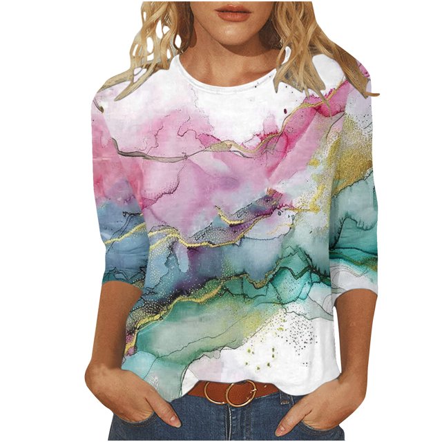 Wanfds Multicolor Casual Tops For Women Plus Size Crew Neck Three-Quarter Sleeve Top L